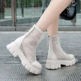 2021 Najwyższej jakości Summer Botki Koszulki Kobiety Chunky Heel Długość Kolana Buty Kobiet Buty Marka Kobiet Okrągłe Toe Zamek Buty Lasdies Fashion Comfort