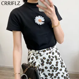 Verão O-pescoço Camiseta Mulheres Algodão Casual Manga Curta Floral Top Tee CRRiflz 210520