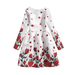 Klänningar för tjejer Klä Långärmad Ny designer Rose Flower Print Girls Kläder Barn Klänningar Karn Kostymer Q0716