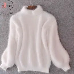 Vit mohair tjockna turtleneck tröja höst vinter söt mode lykta ärm casual solid färg pullover dra femme 210914