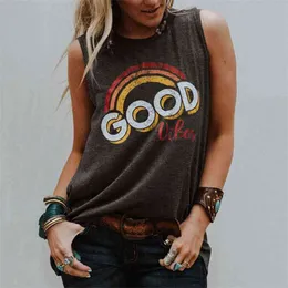 Summer Sleeveless Tank Top Women Good Vibes Rainbow Printed O-Neck Tees Gray/Black Casual Female Vest Harajuku 210618