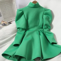 Casual Dresses Half High Collar Puff Long Sleeve Woman Dress Waist Draped Design Vestidos Fall 2021 Korean Fashion Elegant Zipper Robe