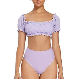 Maillot de bain fendu manches bouffantes tricoté plage maillots de bain deux pièces ensemble été mode femmes vêtements bikini ensemble 210520