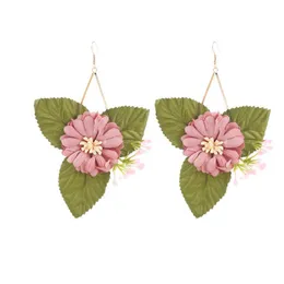 Bohemian Handmade Green Leaf Pink Flower Drop Earrings For Women Vacation Style Boho Fashion Big Dangle Earring Jewelry Gifts