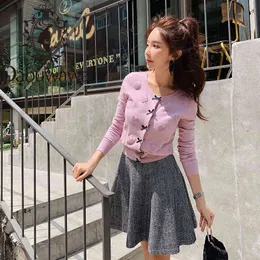 Dabuwawa Sweet Pink Bow Heart Front Cardigan Women Autumn O Neck Classic Sweater Solid Outwear Cardigans Female DT1DJS019 210520