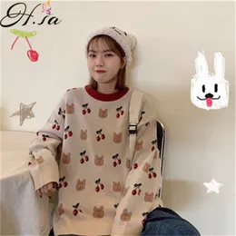 Hsa Cherry Sweater Female Korean Bear Idle Style Student Versatile Autumn and Winter Thickening Loose-Fitting Outerwear Top 210716