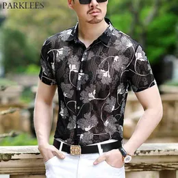 Leaves Embroidery Lace Shirt Men Sexy Slim Fit Mens Dress Shirts See-through Club Party Prom Social Shirt Chemise 3XL 210522