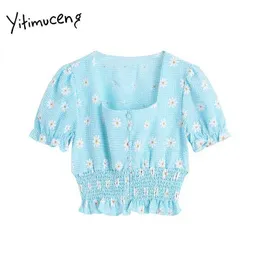 Yitimuceng Floral Print Blouse Women Button Up Shirts Slim Puff Sleeve Square Collar Light Blue Summer Korean Fashion Tops 210601