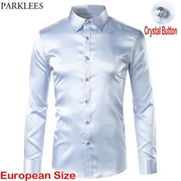 Silver Satin Luxury Dress Shirt Brand Slim Fit Silk Casual Dance Party Long Sleeve Wrinkle Free Tuxedo Shirts Chemise Homme 210522