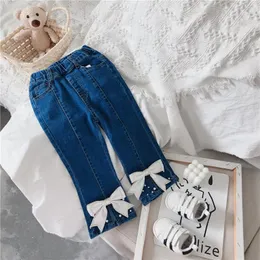 Jeans Baby Girls Bell Bottom 2021 Fashion Korean Style Princess Bow-knot Pearl Slit Flared Pants Kids Denim Trousers