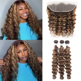 Ishow Transparent Lace Frontal Highlight Loose Deep Human Hair Bundles with Closure Body Wave 3/4 Pcs Straight Kinky Curly for Women 8-28inch Ombre Color