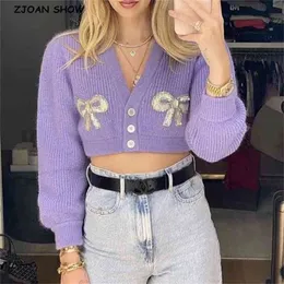 Vintage Purple Spliced Sequins Bow Knit Crop Cardigan Women V neck Single-breasted Button Sweater Long sleeve Short Jumper 210429