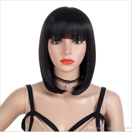 Short Straight Wigs Women's BOB Style Full Head Wig Heat Resistant Synthetic real Thick black Hair Wig