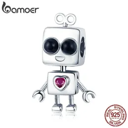 Bamoer 925 Sterling Silver Tick Tock Robot Girls Boys Childhood Koraliki Fit Charm Bransoletka DIY Jewelry SCC886