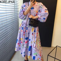 Korejpaa Kobiety Sukienka Lato Koreański Chic Dziecięcy Redukcja wieku Kreskówka Graffiti Drukuj Loose Puff Sleeve Big Huśtawka Vestidos 210526