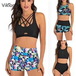 Vikionfly hög midja bikini set med shorts baddräkt kvinnor vadderad blommig sport simma push up crop top swimwear baddräkt 210702