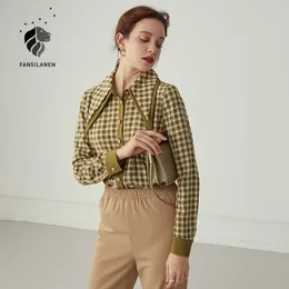 FANSILANEN Velour vintage plaid blouse shirt Women double-layer casual streetwear Female autum winter office top 210607