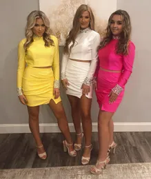 Two-Pieces Homecoming Dress 2021 Sheath Long Sleeves Beading High-Collar Yellow Fuchsia White Satin Cocktail Hoco Formal Party Wear Gowns Open Back Graduation Short