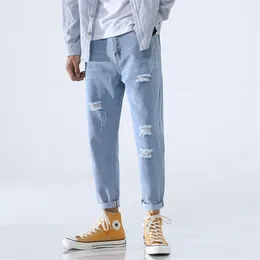 Lekki Niebieski Skinny Jeans Mężczyźni Streetwear Zniszczony Zgrywanie Homme Hip Hop Hop Łamany Męski Otwór Otwór Dżinsowy Spodnie 211111