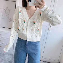 Women Retro Knitted Cardigan Flowers Embroidered Balls Floral Crocheted Sweater Short Coat Jacket Tops Sueter Mujer 210521