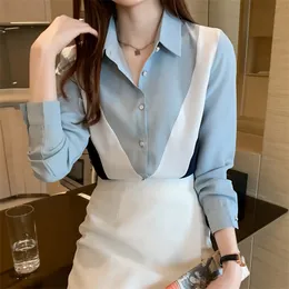 Women's Tops and Blouses Korean OL Style Loose Blouse Women Shirts POLO Collar Long Sleeve Patchwork Casual Clothing 210507