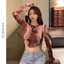 Yedinas Frühling Koreanischen Stil Sexy T-shirt Frauen Schlank Crop Top Langarm Tie Dye Unregelmäßigen Kurzen T-stück Streetwear Harajuku 210527
