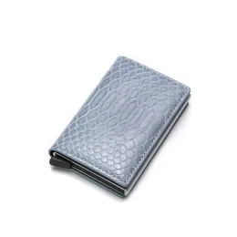 Wallets Men'S Wallet Solid Color Snake Print Buckle Aluminum Pu Card Designer Smart Pocket Purse British Style Leather