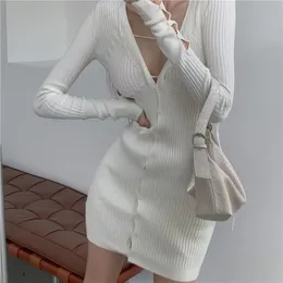 Long Sleeve Dress Ribbed Knit Korean Sexy Mini White Women s Autumn Bodycon Dress V neck Purple Sweater Dress Ladies New 210319293Q