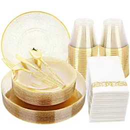 Disposable Dinnerware 50 Pieces Tableware Gold Glitter Plastic Tray With Silverware Suitable For Weddings And Parties