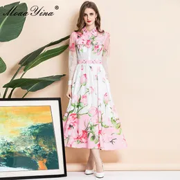 Модный дизайнер Летнее платье Женский поворотной воротник Бусина розовый цветочный напечатанный элегантный отдых MIDI Vestidos 210524