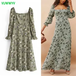 VUWWYV Green Retro Floral Print Maxi Dress Women Summer Elegant Evening Party Woman Puff Sleeve Elastic Vestidos 210430