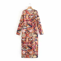 Women Sexy Printed Long Sleeve Crew Neck Dresses Women's Sheat Bodycon Slim Midi Casual Party Dress N21