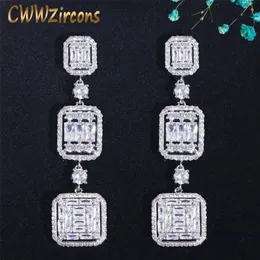 CWWZircons Sehr glänzender, quadratischer, weißer Zirkonia, Topas, Silber, lang, baumelnd, Verlobungsfeier, Ohrring, Schmuck für Frauen, CZ710 210317