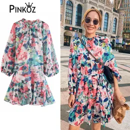 Kwiatowy Lato Mini Sukienki Dla Kobiet Luźne Dorywczo Latarnia Rękaw Ruffles Kwiat Dress Pas Boho Holiday Beach Plus Size 210421