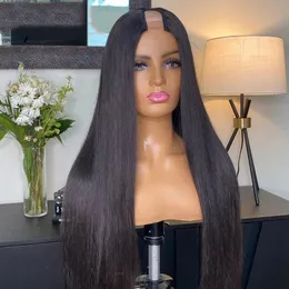 İpeksi düz orta kısım 1x4 Upart peruk ön hazırlıklı parlak insan saç perukları Siyah kadınlar için doğal% 250 yoğunluk Remy kılları tam makine yapılmış