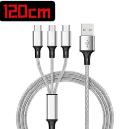 Cabos de carregamento 3 em 1 de 1,2 m para huawei lg samsung note20 s20 micro usb tipo c com plugue de cabeça de metal saco opp