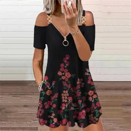 2021 Sommar Ny Kvinnors Klädsel estetisk Vintage Blommig Tryckt Klänning Mode Casual Loose Zipper Camisol V-Neck Mini Dresses Y1006