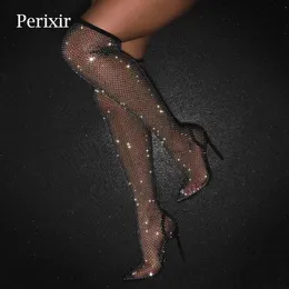 Perixir Women Boots Summer Spring New Crystal Thin High Mesh Stretch Fabric Footwear Fashion Rhinestones Pointed Toe Sexy Shoes Y0914