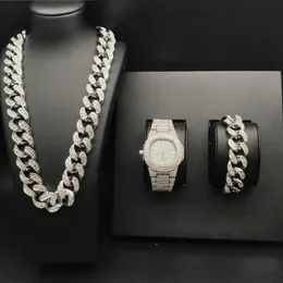 2021 2 cm Hip Hop Bransoletka Złoto Kolor Iced Out Crystal Miami Kubański Łańcuch Złoty Silver Men Watch Naszyjnik Bransoletka Zestaw