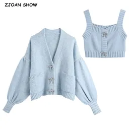 1 Satz Korea-Stil Vintage-Bogen-Diamant-Laternenärmel-Strick-Cardigan Einreiher-Knopf-Tank-Top-Pullover-Pullover 210429