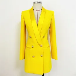 Wysokiej Jakości EST Designer Długi Blazer Lwa Przyciski Podwójne Satin Shaw Collar Sukienka Fluorescencyjna Żółta 211122