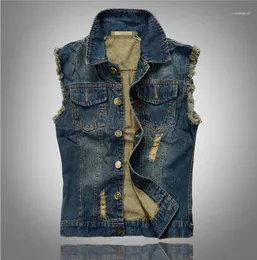 Herrv￤star herr grossist- vxo lapel denim Vest Jacket Hip Hop Cow Boy Waistcoat Ytterkl￤der Patchwork Motorcykelklubb Vest1