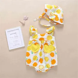 Lato Ubrania Baby Marka Moda Cute Owoce Love Jasne Kolor Kombinezon + Kapelusz Toddler Dziewczyny Pani Odzież 210611