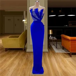 Sparkly Royal Blue Evening Dresses Elegant 2022 Sheer Neck Plus Size Beaded Prom Party Gowns Vestidos De Fiesta