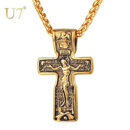 U7 Crucifix Jesus Cross Pendants & Necklaces Gold Color StainlSteel Chain Vintage Catholic Church Religious Men Jewelry P119 X0707