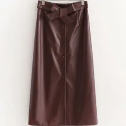 vinatgeの女性のブルゴーニュの革の厚い伸縮性のあるスカート秋冬のファッションレディースPUストレートスカート女性ボタン210515