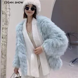 Winter Knitted Lapel Collar Spliced Long Hairy Shaggy Stripe Line Faux Raccoon Fur Coat Trendy Women ry Jacket Outerwear 210429