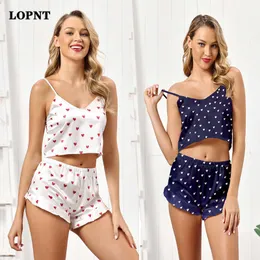 Lopnt Sleepwear Set Sexy Deep V-Neck Pyjamas Set för kvinnor Femal Love Print Sleeping Pajamas Ärmlös Nattkläder med Shorts Q0706