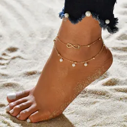 Bohemian Golden Color Anklet Bracelet On The Leg Fashion Imitation Pearl Anklets Barefoot For Women Chain Beach Foot Jewelry