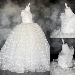 2021 Vintage Flower Girls 'Dresses Elfenben Baby Spädbarn Toddler Baptism Kläder med Långärmad Lace Tutu Ball Gowns Birthday Party Dress